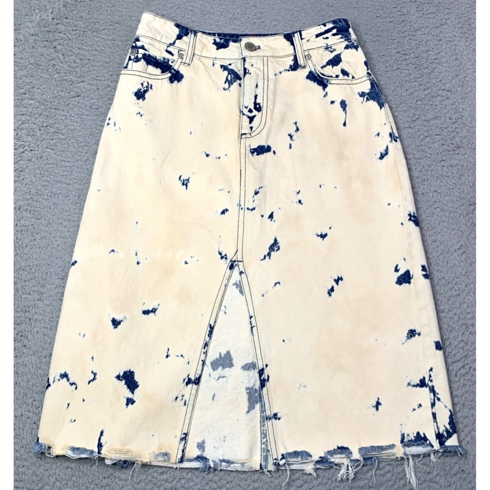 Alice + Olivia Skirt Womens 26 Jean You Look Good Blue Tan Dye  Raw Hem NWOT